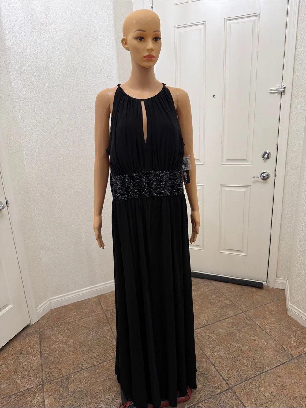 R&M Richards Sz 20W Black Maxi Gown Beaded Waistband Open Tie Back Sleeveless